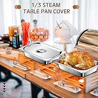 Vista 5 de Bokon Paquete de 6 tapas de sartén de mesa de vapor de 1/3 de acero inoxidable con asa, cubierta de bandeja de comida para catering, ranurada