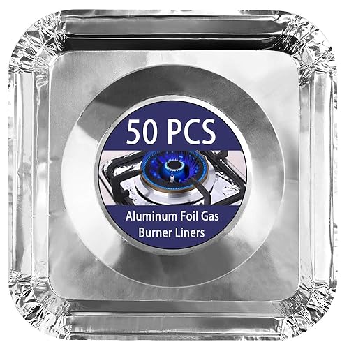 COCIDE Paquete de 50 forros para quemadores de gas de papel de aluminio, fundas cuadradas para quemadores de estufa, protectores de rango, forros
