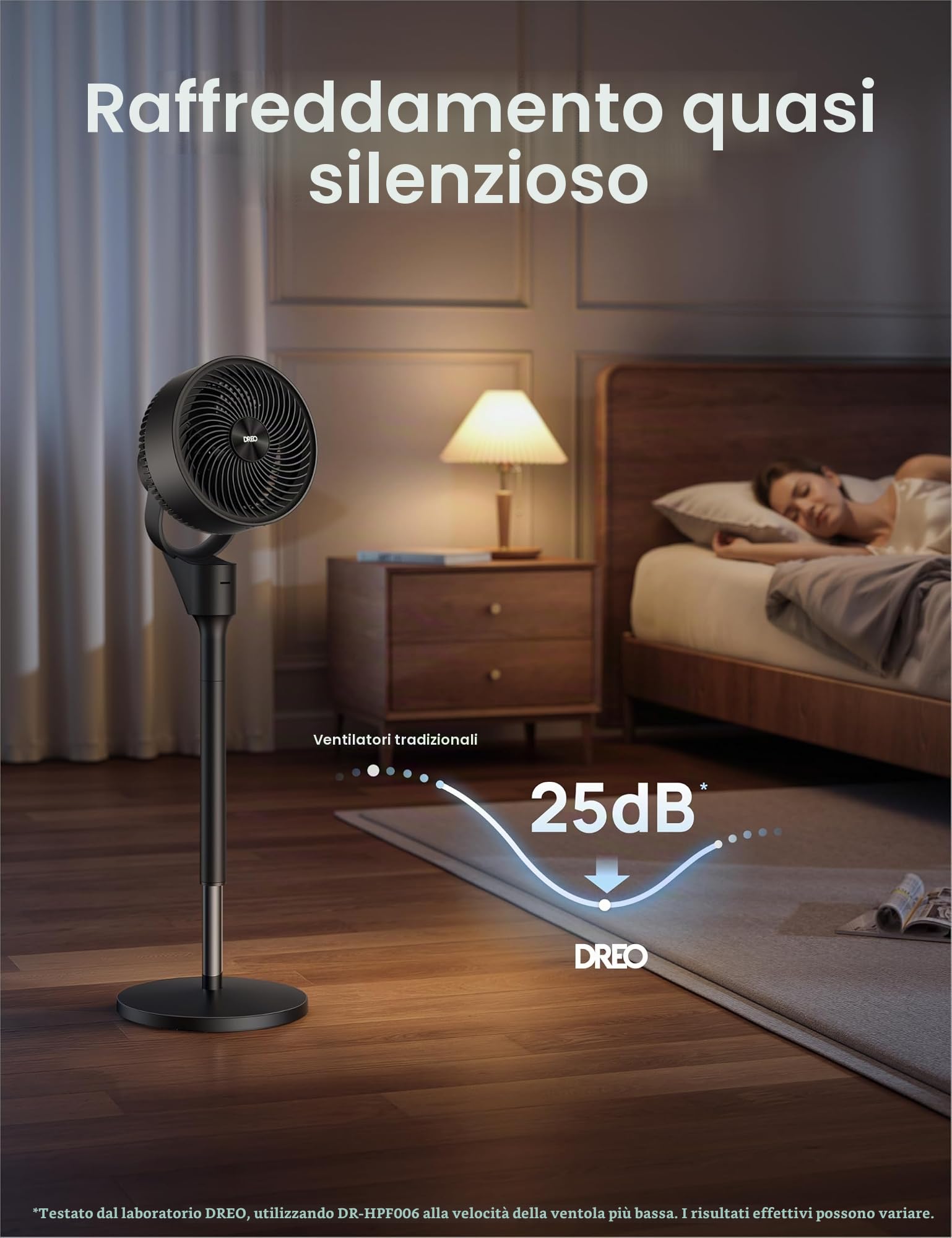 DREO Ventilatore a Piantana Silenzioso 25dB, Oscillazione Orizzontale Automatica 80°, 3 Velocità, Portata fino a 24m, Potente con Telecomando, Inclinazione Verticale Manuale 90°, Timer 6 Ore