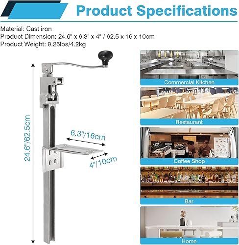 Miniatura 2 de IRONWALLS Abrelatas comercial resistente, abrelatas manual de 24.6 pulgadas para latas grandes de hasta 17.7 pulgadas, abrelatas industrial de mesa