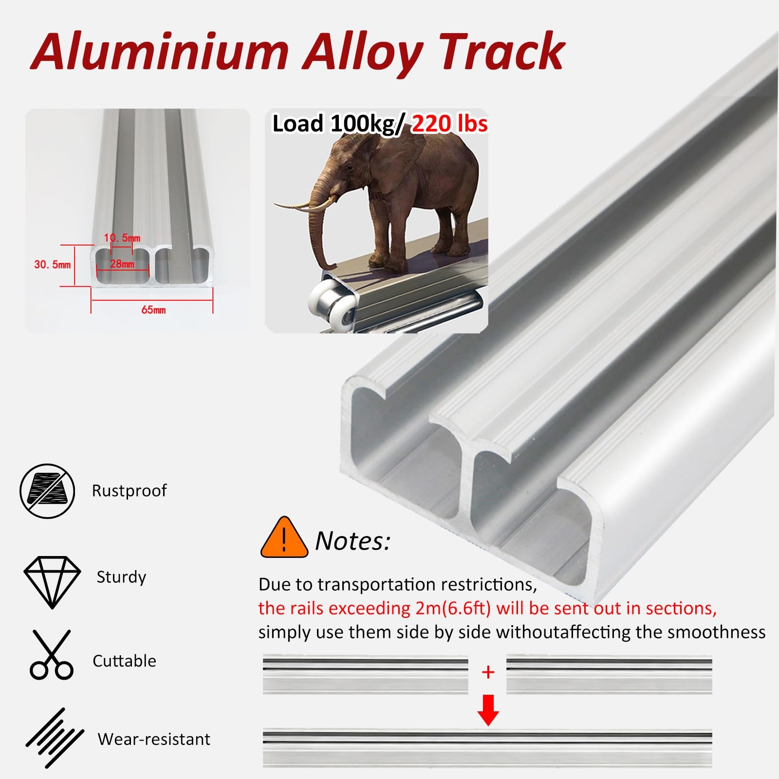 Zestaw 4 wytrzymałych szyn do drzwi przesuwnych 6 m, z 8 kołami, ukryty system obejścia i szafy, podwójna szyna, trwała aluminiowa szyna (czarna, 4,8 m)