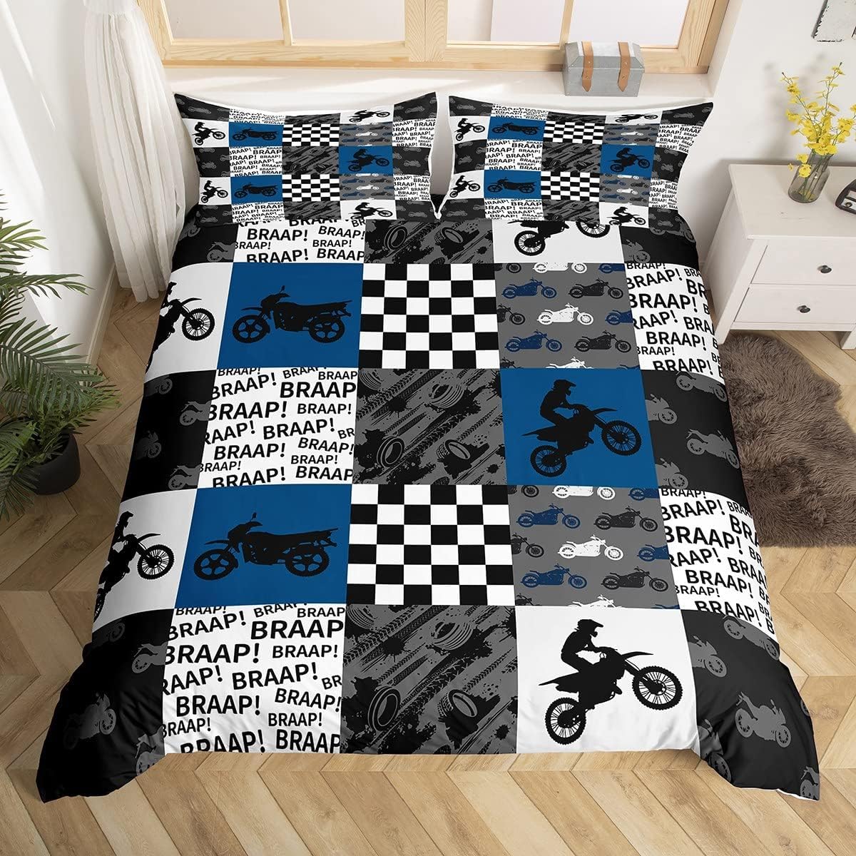 feelingyou Dirt Bike Duvet Cover Double Size,Motocross Racing Themed Comforter Cover for Adults Kids Bedroom Decor,Patchwork Grid Fashion Silhouette Comfortable Bedding Set 2 Pillowcases,No Comforter