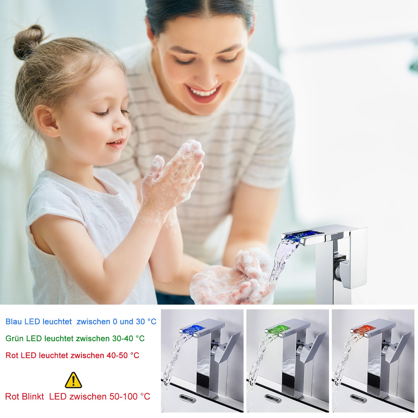 Wasserhahn Bad LED(keine Batterie erforderlich), KEOKBON Hoch Wasserfall Waschtischarmatur Armaturen mit Auslaufhöhe von 226 MM High, Einhebelmischer Mischbatterie für Waschbecken im Bad, Chrom