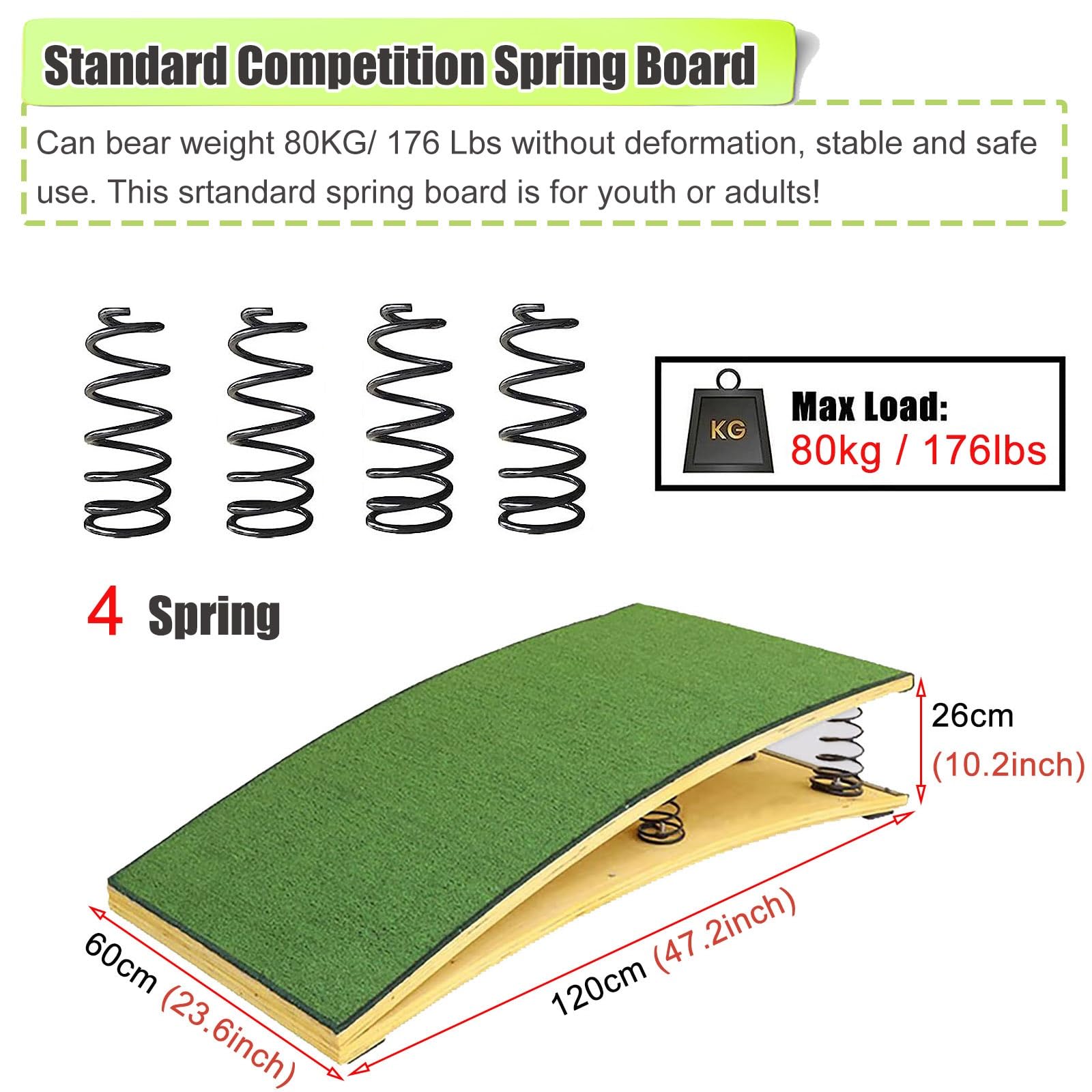 Trampolino Professionale per Centro di Ginnastica, Attrezzatura Sportiva per Volta per Allenamento Atletico/Allenamento di Ginnastica per Esterni al Coperto, TR，4 Springs120x60x26cm