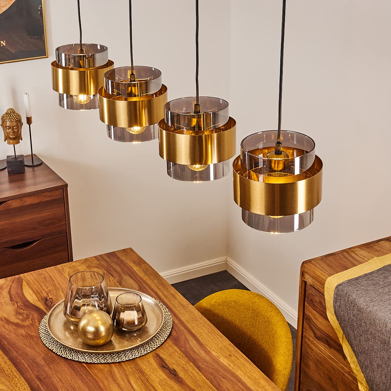 Traak Pendant Light, 4-Flame Ceiling lamp Made of Metal in Black/Brass with Smoked Glass lampshades, Modern Pendant Light, 4 x E27, max. Height 116 cm, Without Bulbs