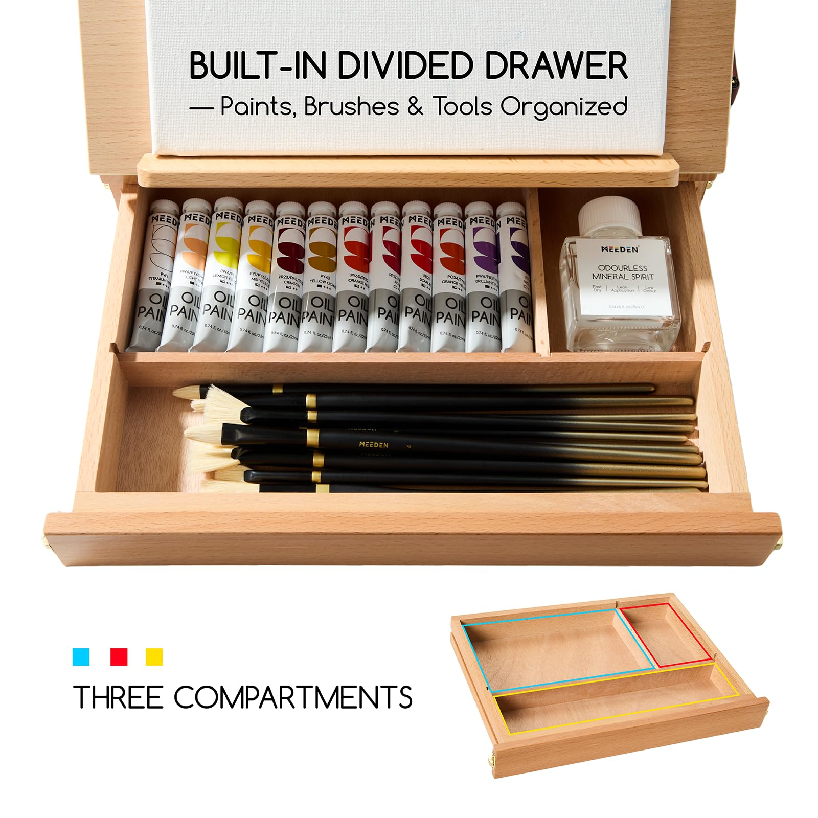 MEEDEN Tischstaffelei Box aus Holz, Portable Sketchbox aus Buchenholz mit Aufbewahrung, Verstellbarer Leinwand Ständer für Maler, Künstler und Anfänger, Leinwand bis zu 27 x 36,3 cm | Tragbare Malstaffelei mit Aufbewahrung – Holz-Skizzenbox für Künstler,