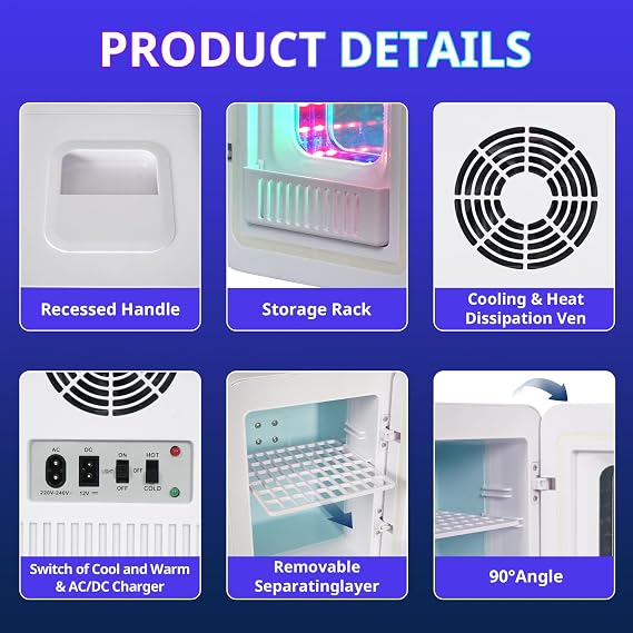 4 Liter Mini Fridge with RGB LED Mirror, AC/DC Skincare Fridge | 6-Can Portable Cooler & Warmer, Beauty Refrigerator for Drinks, Cosmetics & Makeup, Small Desk Fridge for Bedroom, Car, White [Energy Class C]