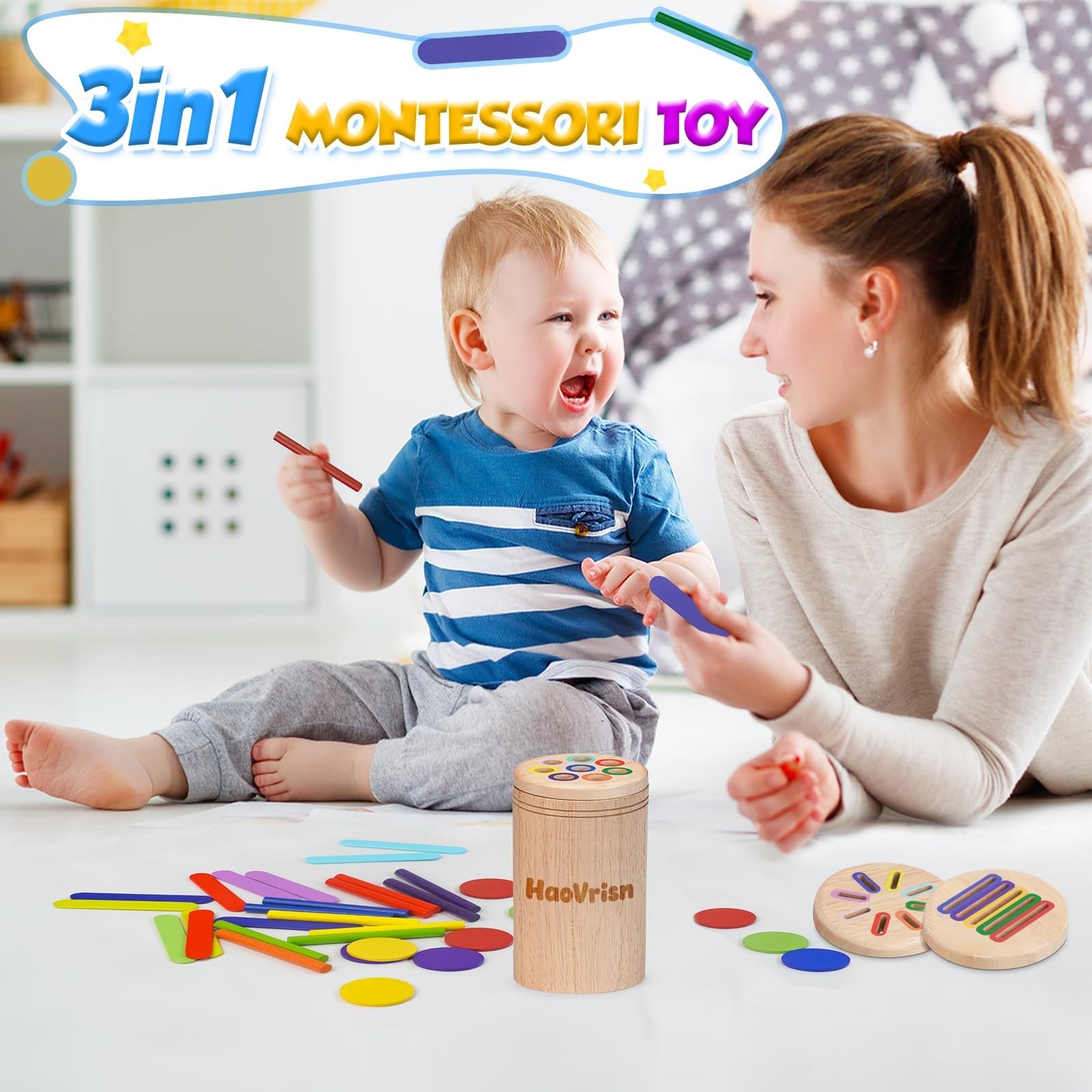 HaoVrisn Giochi Bambini 1 2 3 Anni, 3 in 1 Giochi Montessori 1 2 3 4 Anni, Legno Colori per Bambini 1 2 3 Anni, Gioco Bambino 1 2 3 4 Anni con Borsa per la Conservazione