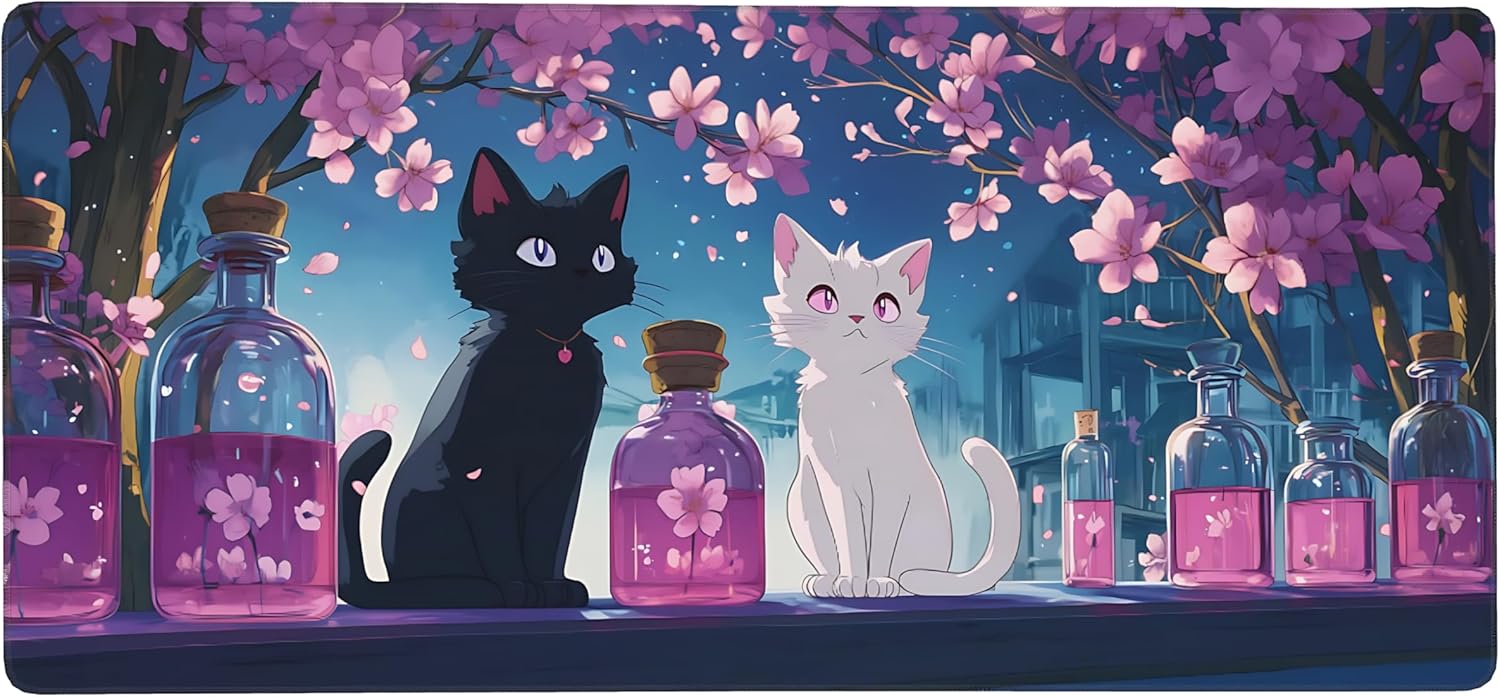 Cute Anime Black&White Cat Gaming Mouse Pad, Blue Pink Anime Desk Mat with Anti-Slip Base & Stitched Edges,35.4" x 15.7" in Desk Accessories for Women, Home Office Decor & Artistic Gift