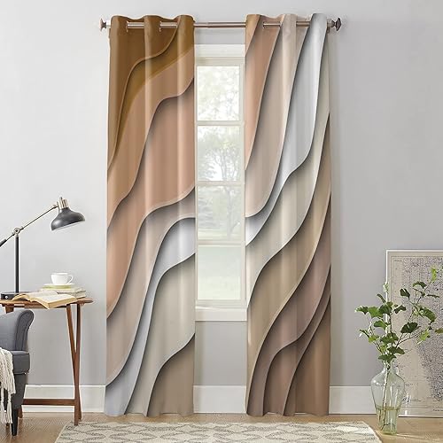 Miniatura 4 de Curtains Panels for Kitchen Modern Abstract Geometric Brown Gradient Window Curtains Light Filtering Grommet Top Drapes for Bedroom Closet-Set of 2