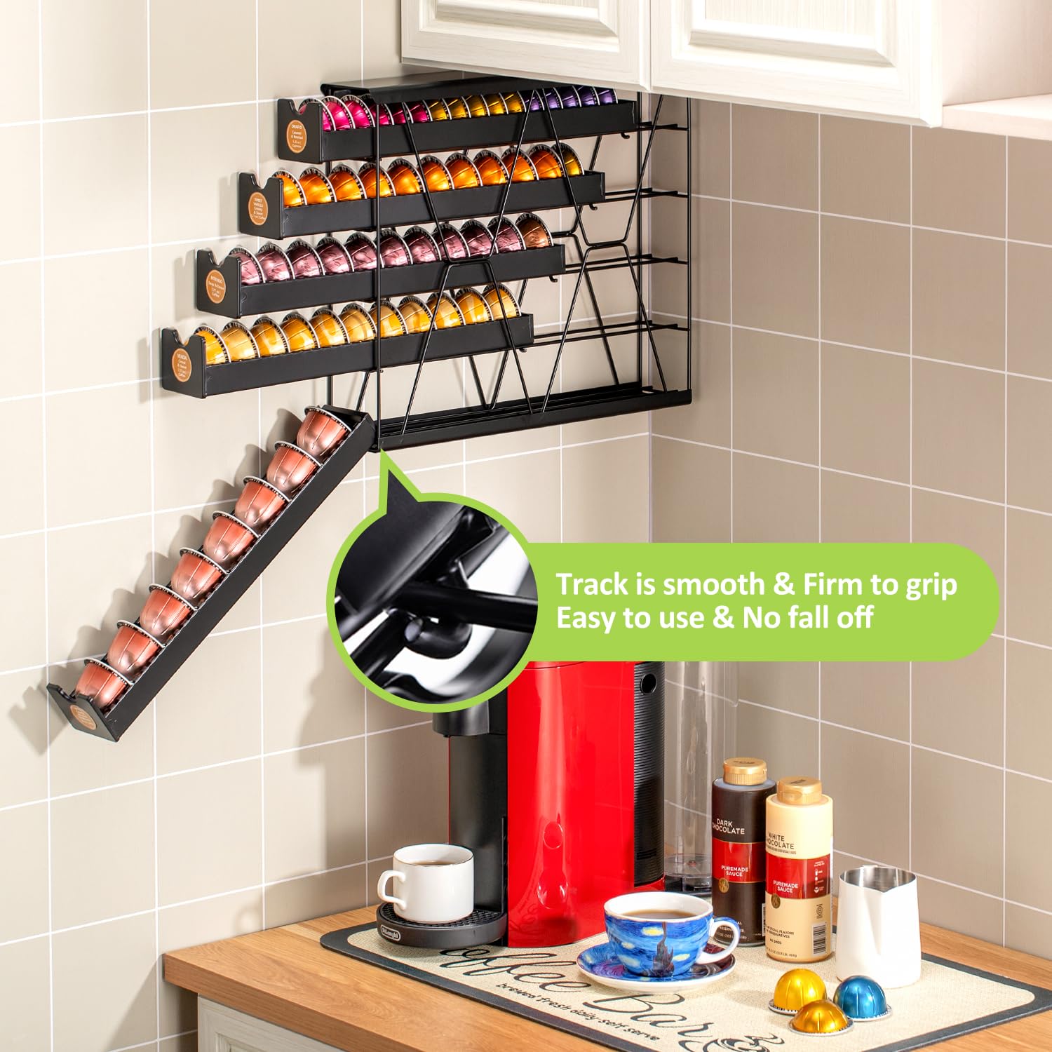FlagShip 5-poziomowy narożny organizer na kapsułki do kawy Nespresso Vertuo – 50+ metalowych kapsułek, oszczędność miejsca, stojak na blat kuchenny, montowany na ścianie