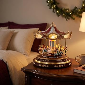14 Large Red Rotating Christmas Carousel Decoration, Musical LED Light-Up Tabletop Ornament with Realistic Scene, Classic Holiday Home Decor & Xmas Gift
