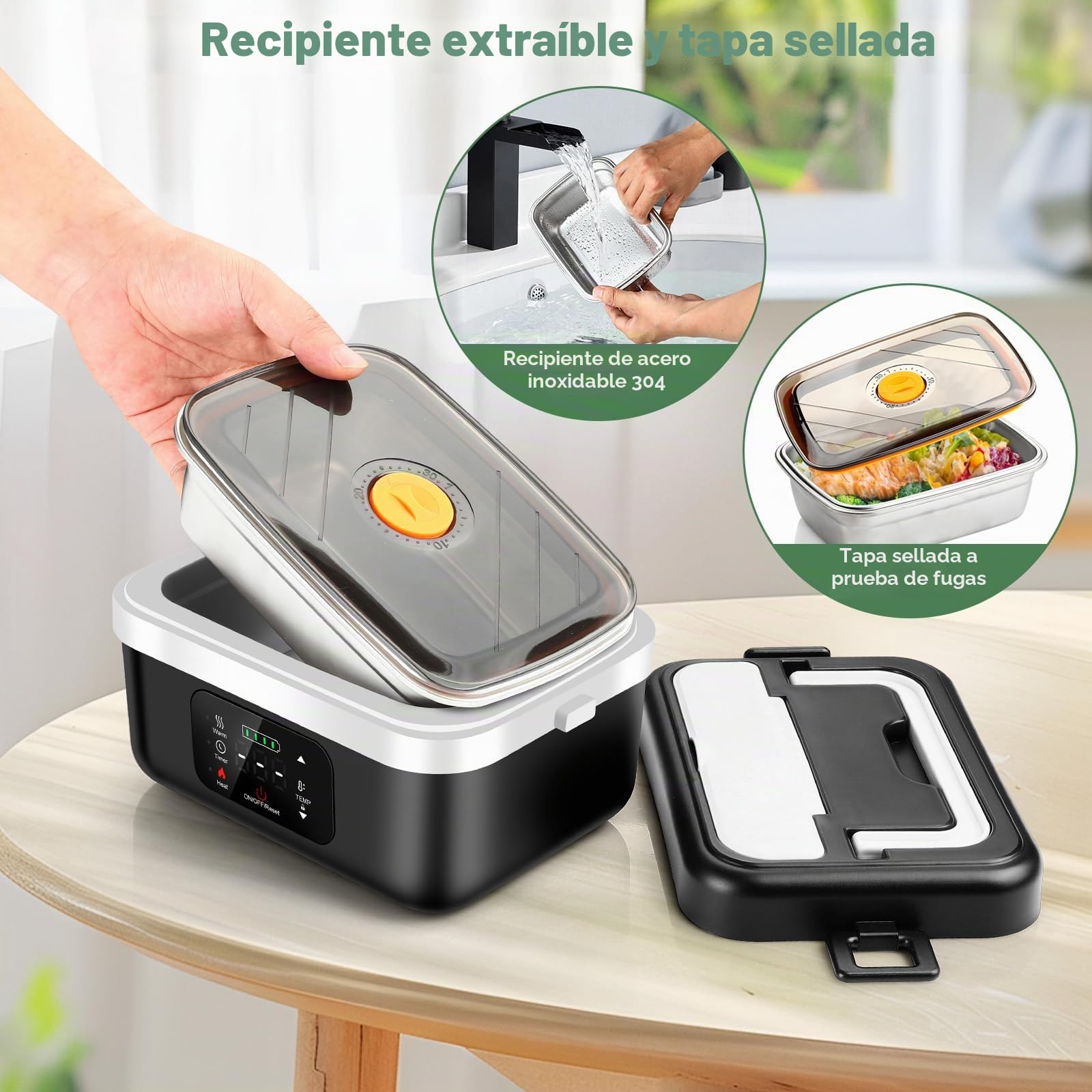 Caja de almuerzo eléctrica inalámbrica, 1 l, caja de almuerzo calentada a batería para adultos, portátil, de acero inoxidable, calentador de alimentos con vajilla y bolsa aislada
