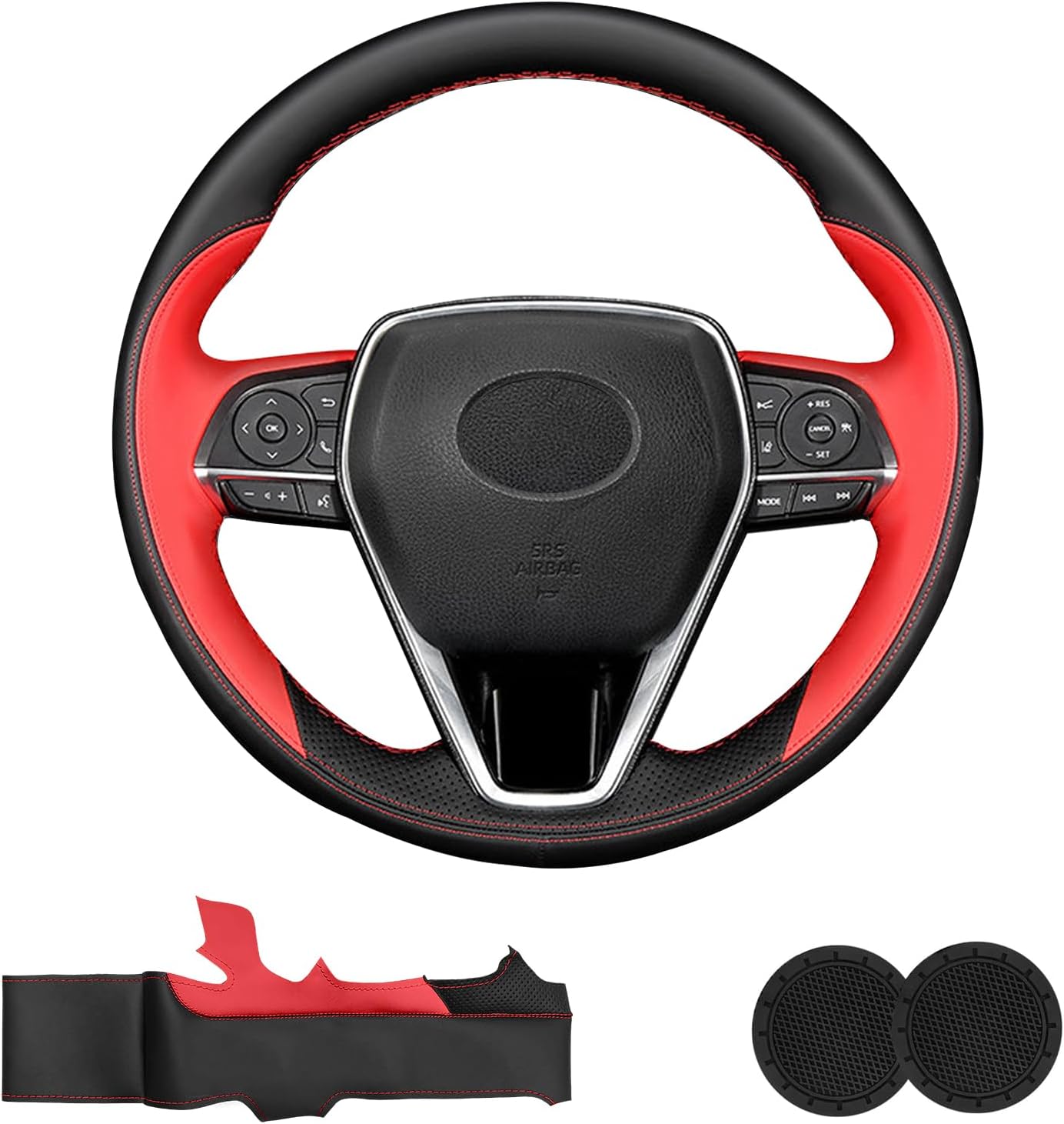 Microfiber Leather DIY Steering Wheel Cover for Toyota RAV4 SUV 2019-2025 Camry 2018-2026 Corolla 2020-2026 Avalon 2019-2022 Accessories, Hand Stitched Full-Wrap Protector (Red)