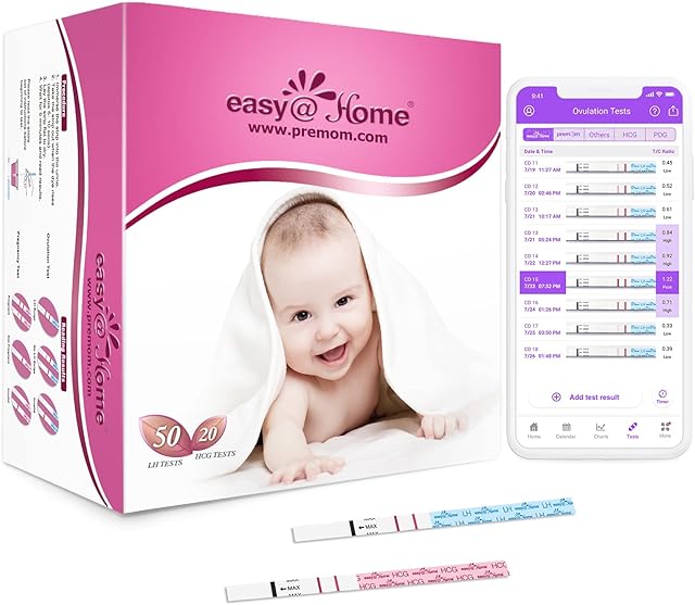 Easy@Home 50 Ovulation Test Strips and 20 Pregnancy Test Strips - Fertility Test Kit, Powered by Premom Ovulation Predictor iOS and Android App (50 LH + 20 HCG)