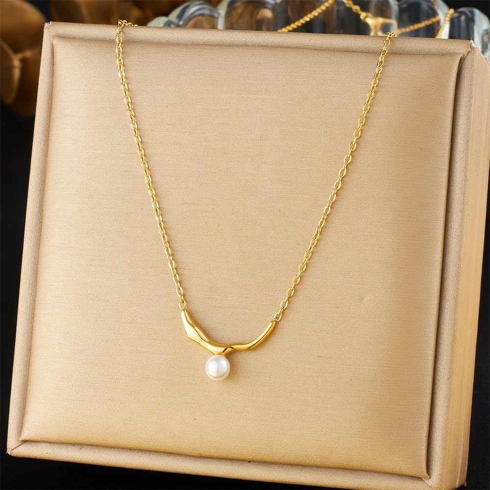 Simple Small Pearl Pendant Choker Necklace for Women,Dainty Trendy Gold Plated Stainless Steel Chain Choker Necklaces for Women Prom Party - Image 6