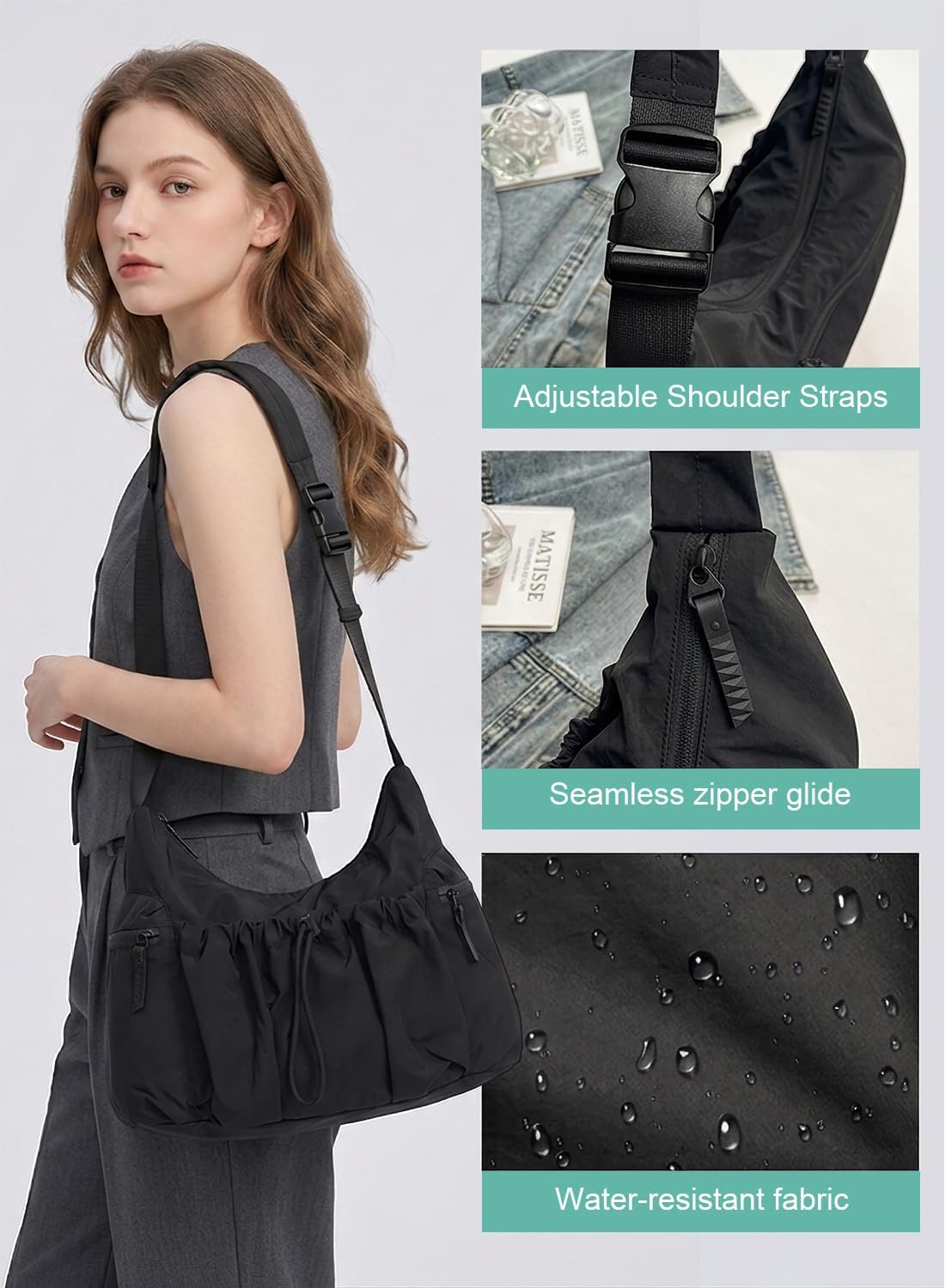 Nylon Crossbody Bag for Women, Slouchy Hobo Tote Bag Shoulder Purse