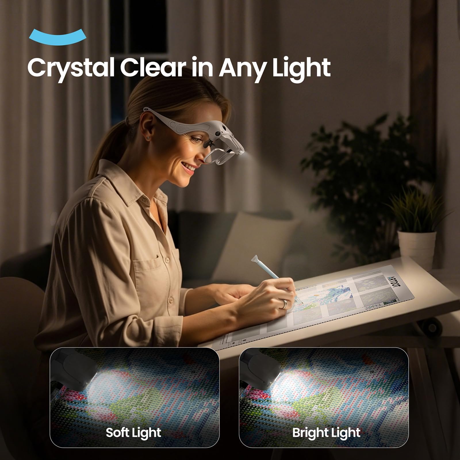 ARTDOT Lupe mit Licht als Diamond Painting Zubehör, USB Ladung mit 4 LED Licht & 2 Einstellbarer Helligkeit Lupenbrille mit Licht für Brillenträger, Kopflupe für Modellbau Juweliere