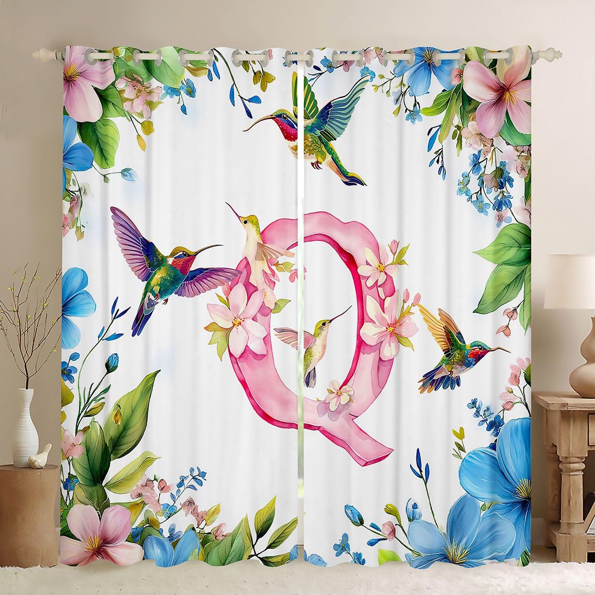 Rideau occultant colibri 140x245 cm et voilage rétro fleurs pour chambre