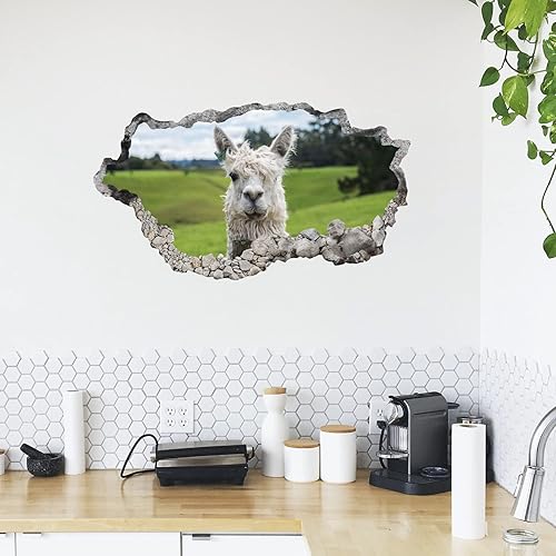 Miniatura 4 de Calcomanía de pared 3D con vista de agujero de pared de alpaca, calcomanía de pared de alpaca animal para habitación de niños, dormitorio, sala de