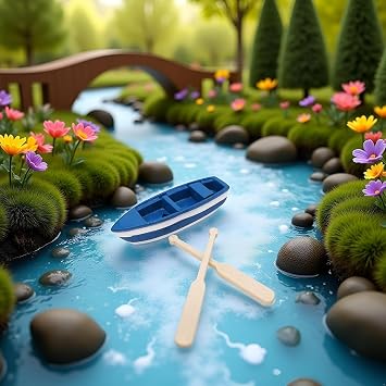 Mini Tiny Wooden Boat, Beach Style Miniature Ornament Kits for DIY Fairy Garden Dollhouse Decoration, Miniature Dollhouse Boat with Oars Canoe Model