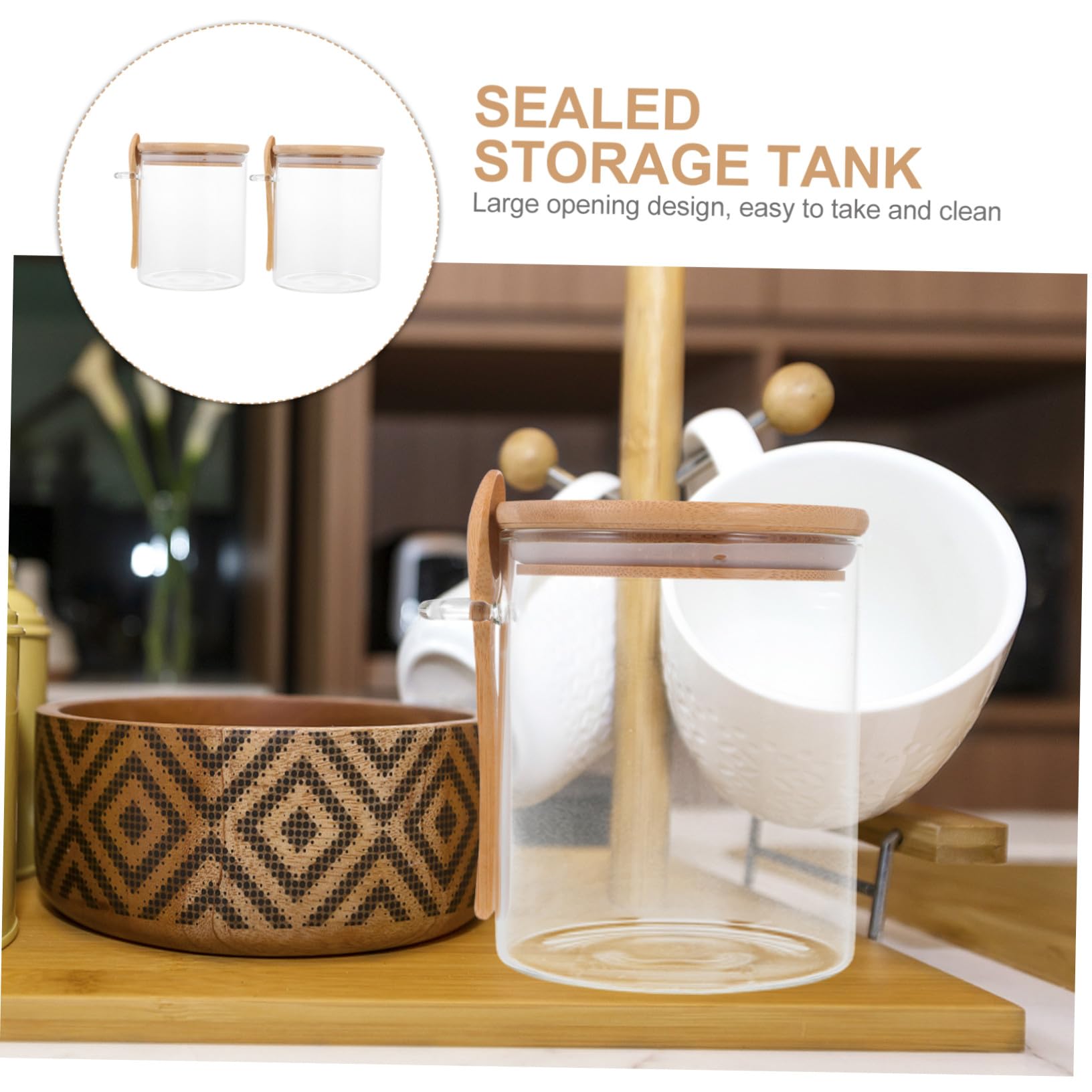 VALICLUD 2 Stück Teiliges Glas Vorratsglas mit Holzdeckel und Löffel Luftdichte Küchen Aufbewahrungsgläser für Kaffee Tee Gewürze Bpa freies Food Storage Jar Stapelbar und Robust