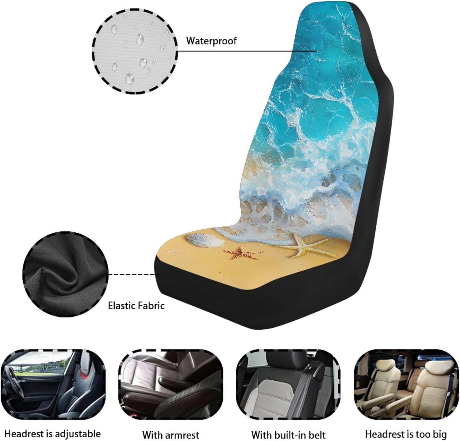 Beach Starfish Universal Bucket Seats Cover Protection, 2 PCS Waterproof Auto Interior Accessory for Car Truck SUV Sedan Van