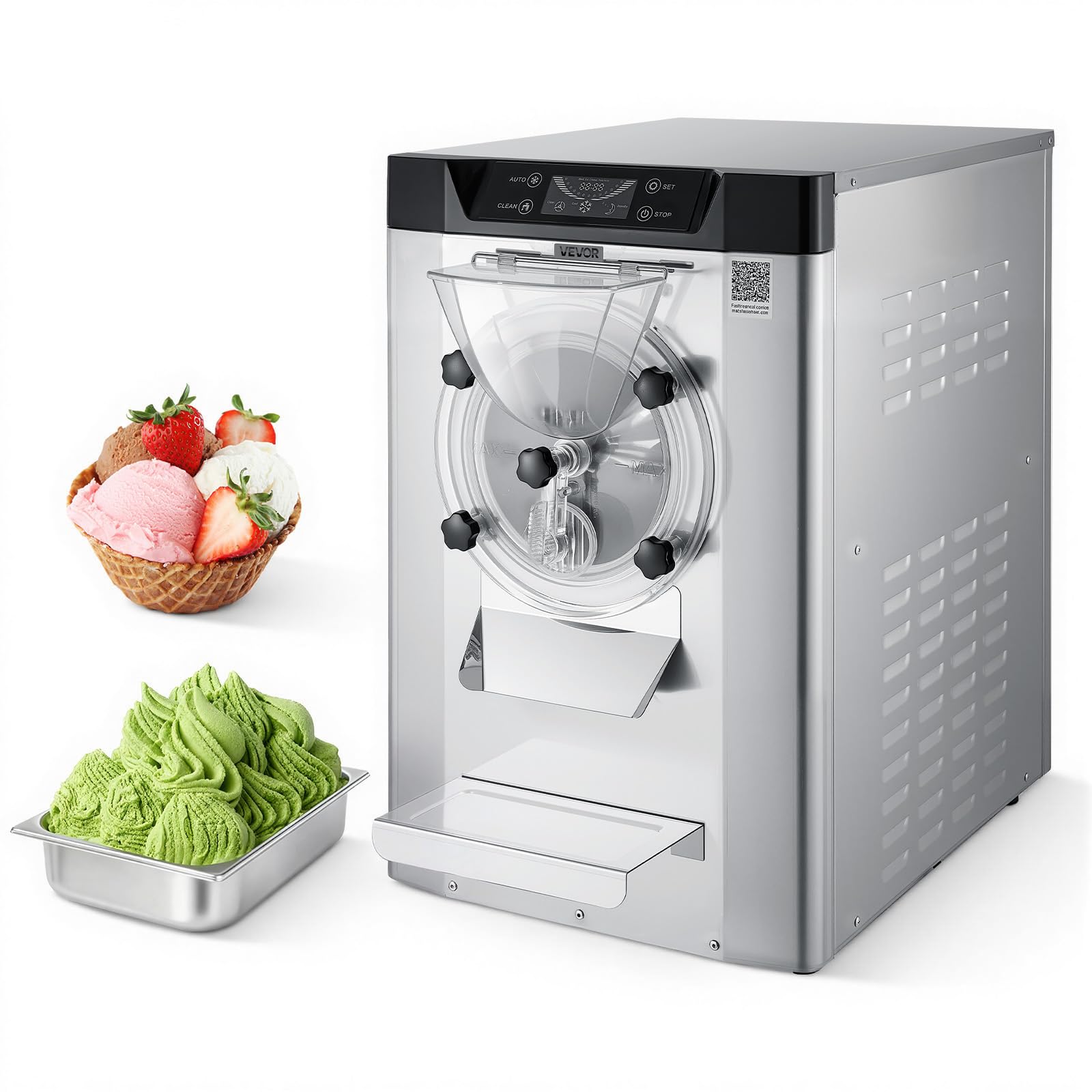 VEVOR Komercyjna maszyna do lodów, 2000 W, 12-20 l/h, urządzenie stołowe do Gelato z pojemnikiem ze stali nierdzewnej o pojemności 6 l (304) i samoczyszczącym się panelem sterowania LED do barów
