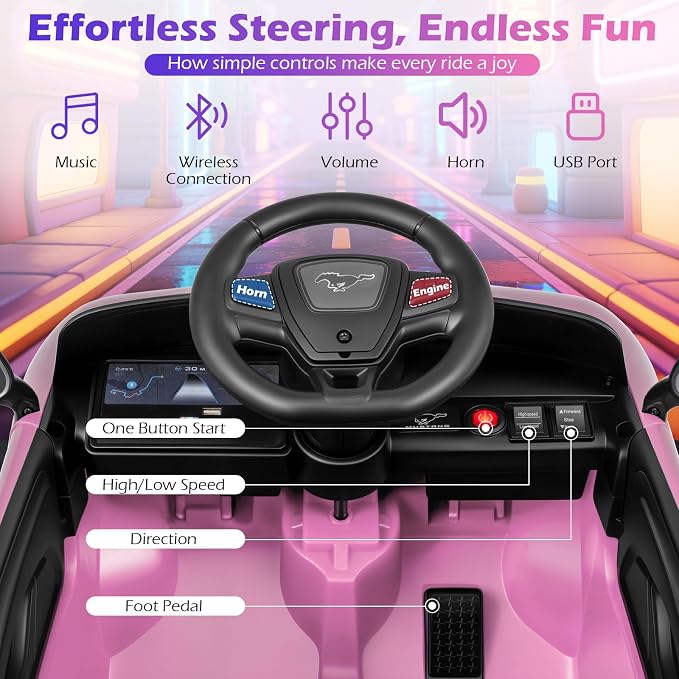 Costzon Ride on Car, 12V Licensed Ford Mach E Kids Electric Vehicle with Parent Control, LED Lights, Horn, Music, Wireless Connection & Spring Suspension, Kids Car Toy for Girls Boys (Pink) miniatura 5