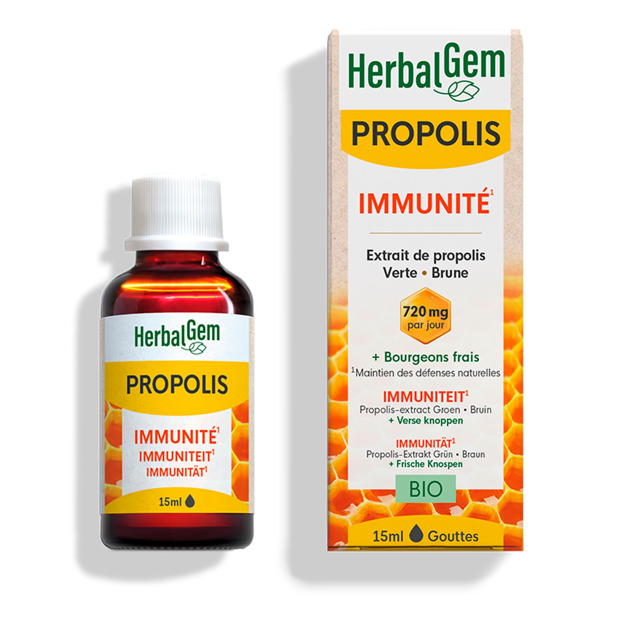 Herbalgem - Propolis Concentrée - Large Spectre Gouttes Bio - Dès les Premiers Signes du Refroidissement - 15 ml - L'emballage peut varier