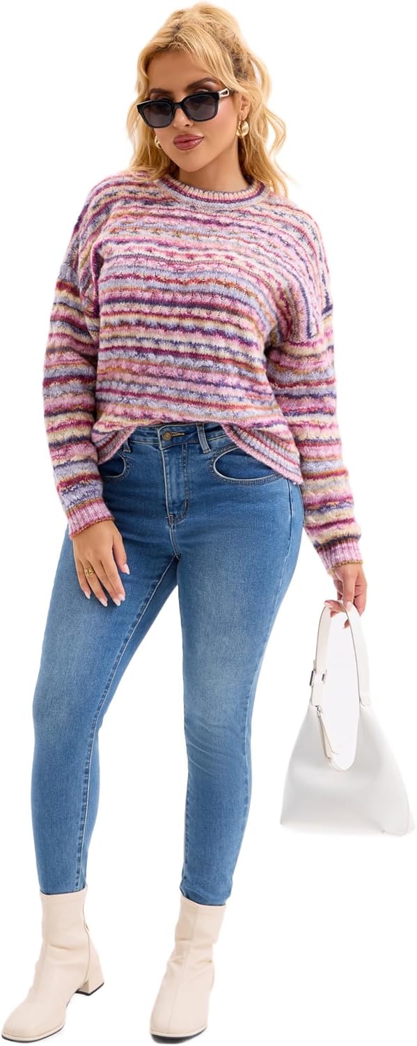 Froggirl Women’s Striped Cable Knit Sweater – Crewneck Chunky Pullover Jumper Loose Fit Long Sleeve Fall Winter Top