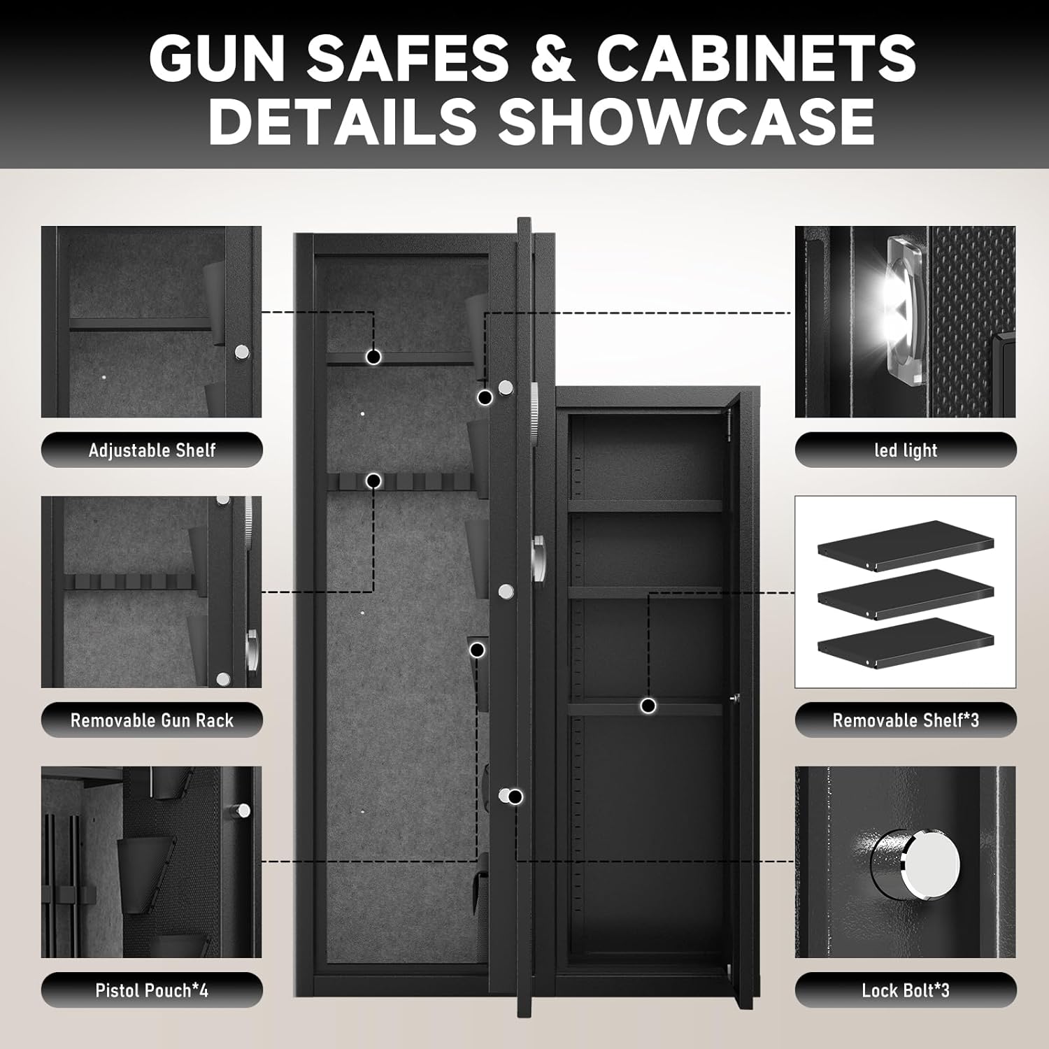KAER 2026 New 8-10 Gun Safe, Gun Safe for Rifles and Pistols, Quick Access Home Gun Rifle Safe and Storage Gun Locker Cabinet with 4 Pistol Pouches and Removable Shelf for Shotgun, Firearm, Ammo