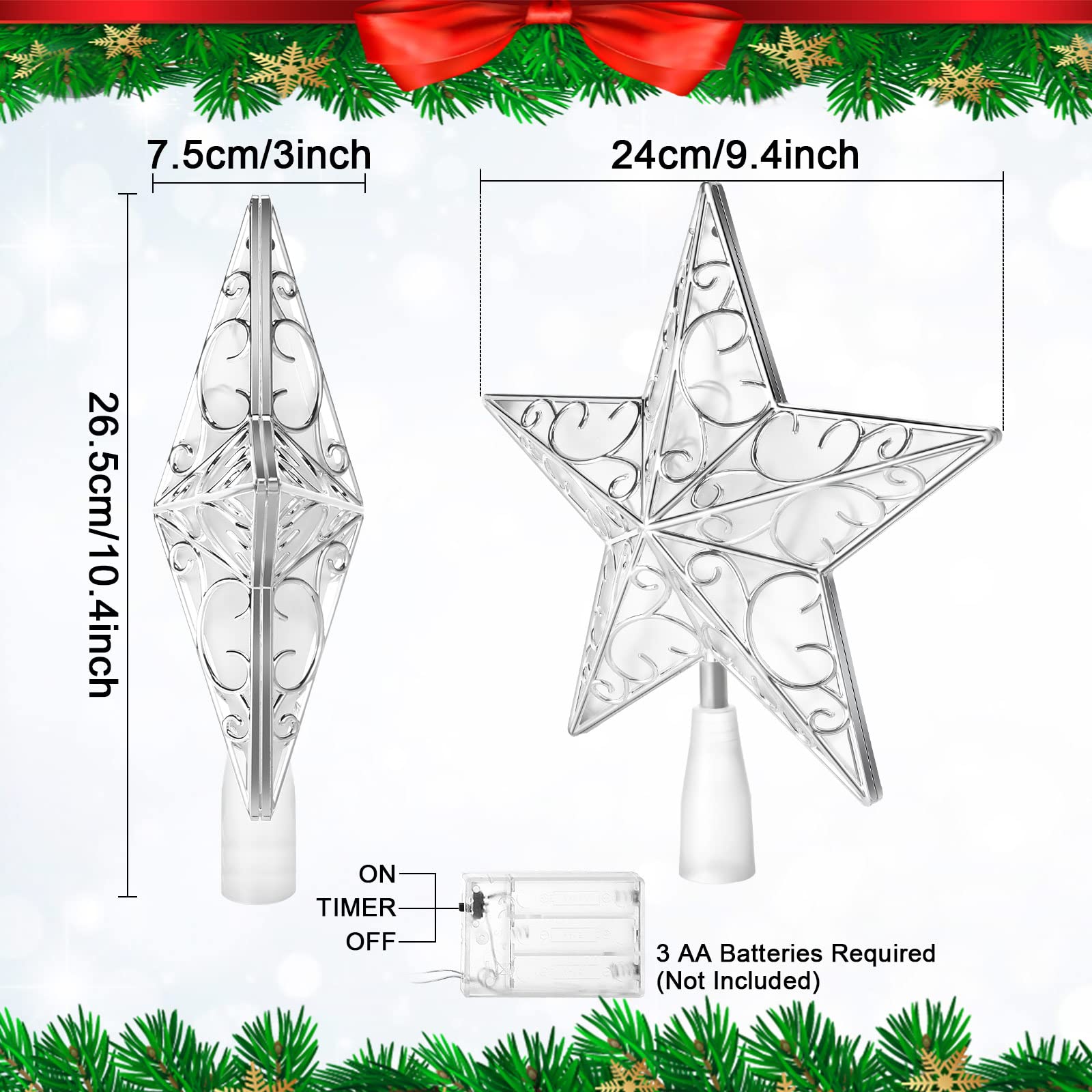 Nuanchu Christmas Star Tree Topper 10.4 x 9.4 Inch Glittered Christmas Star Tree Topper Ornament with 20 LED Lights Xmas Reflector Treetop Lighted Decorations(Silver White)