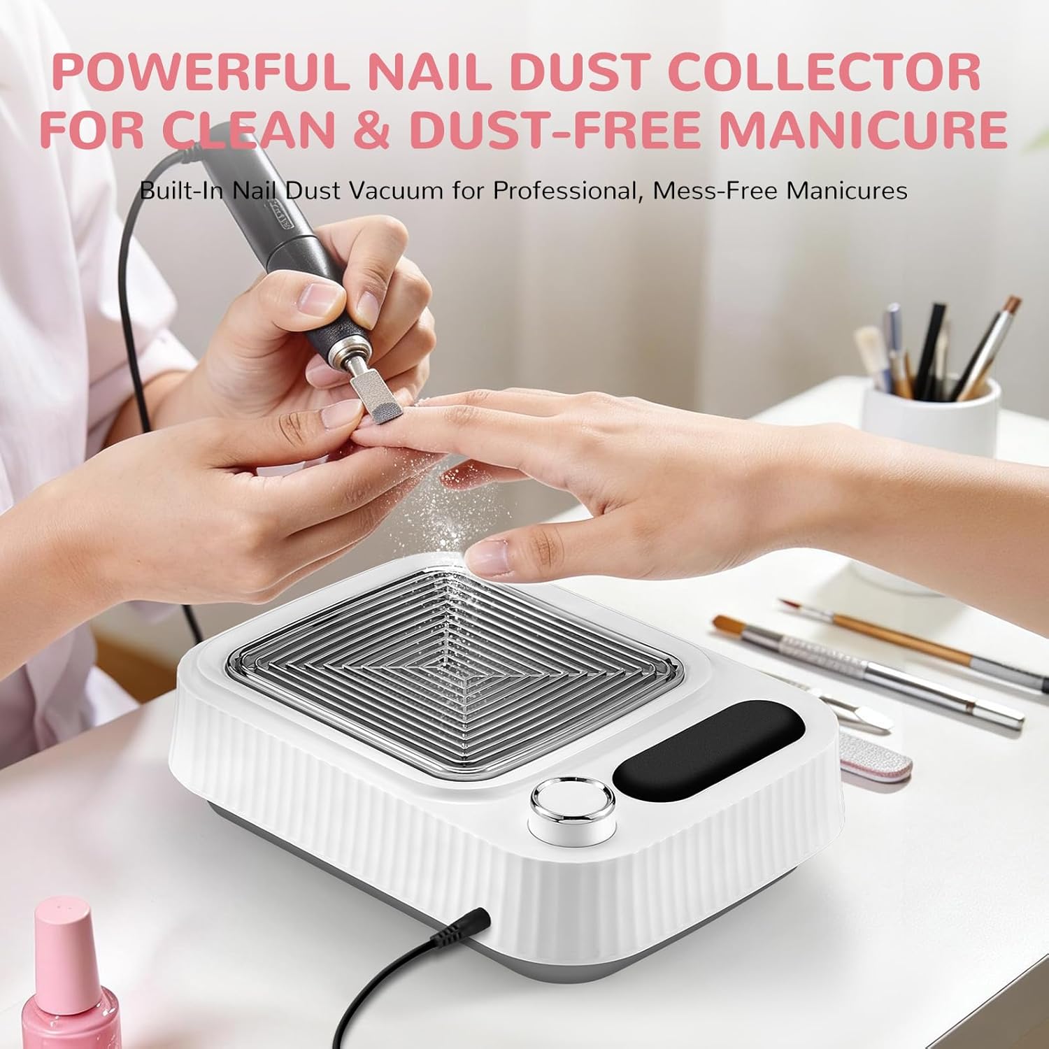 Nail Duster Collector, 4000RPM Dust Collector Nail Tech with Wrist Rest, Detachable Nail Dust Collector Filter-0-100% Suction Control, White，Cooling System for Salon & Home.