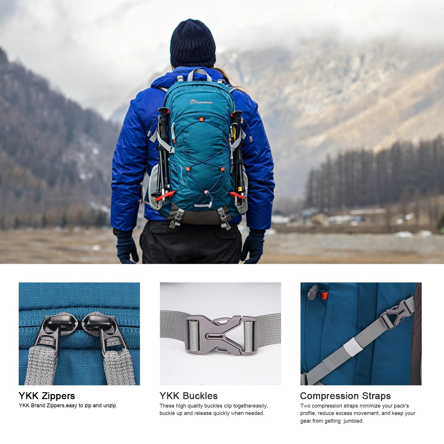 Mountaintop Zaino da trekking da 25 l/40 l, unisex, per escursioni, 40 l, blu mare, 40 L | Zaino da trekking YKK, con protezione antipioggia, per campeggio, viaggi