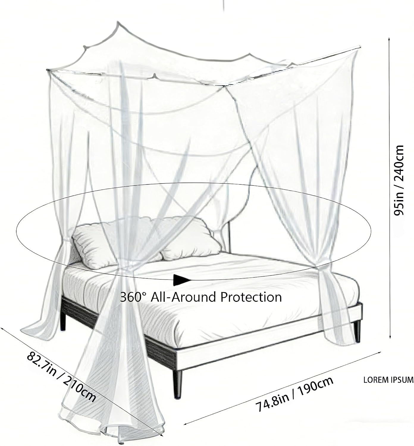 Mosquito Net, White Bed Canopy, Canopy Bed Curtains Bed Drapes for Single & Double Beds – Mesh Bed Cover with 4 Openings, Carry Bag – for Bedroom, Camping & Travel