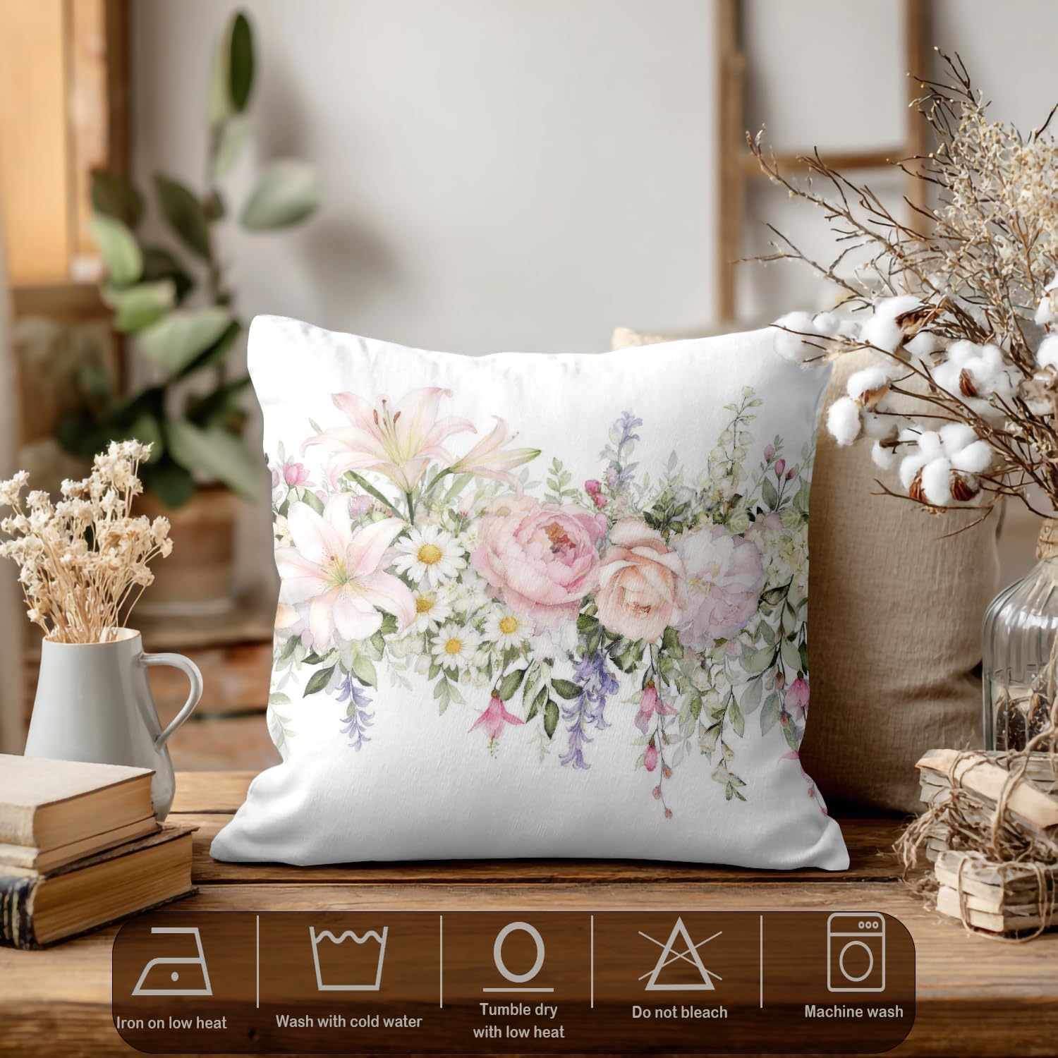 Batmerry Pink Vintage Flower Throw Pillow Covers, White Art Decorative Pillow Covers Digital Printing Blended Fabric for Couch Sofa Bed Invisible Zipper 26X26 in(Set of 2)
