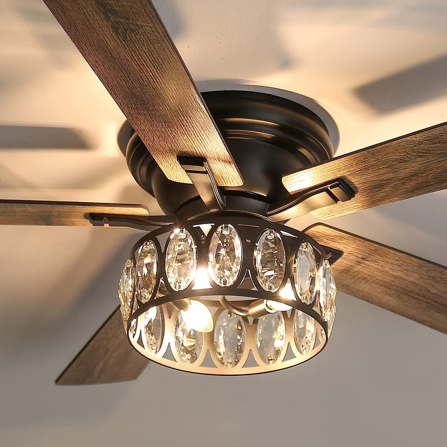 52 Inch Black Flush Mount Ceiling Fan with Crystal Light and Remote