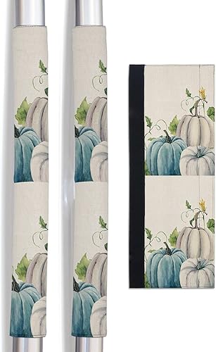 Miniatura 1 de Juego de 2 fundas para manijas de puerta de refrigerador con calabazas color verde azulado otoñal para lavavajillas, microondas, horno, nevera,