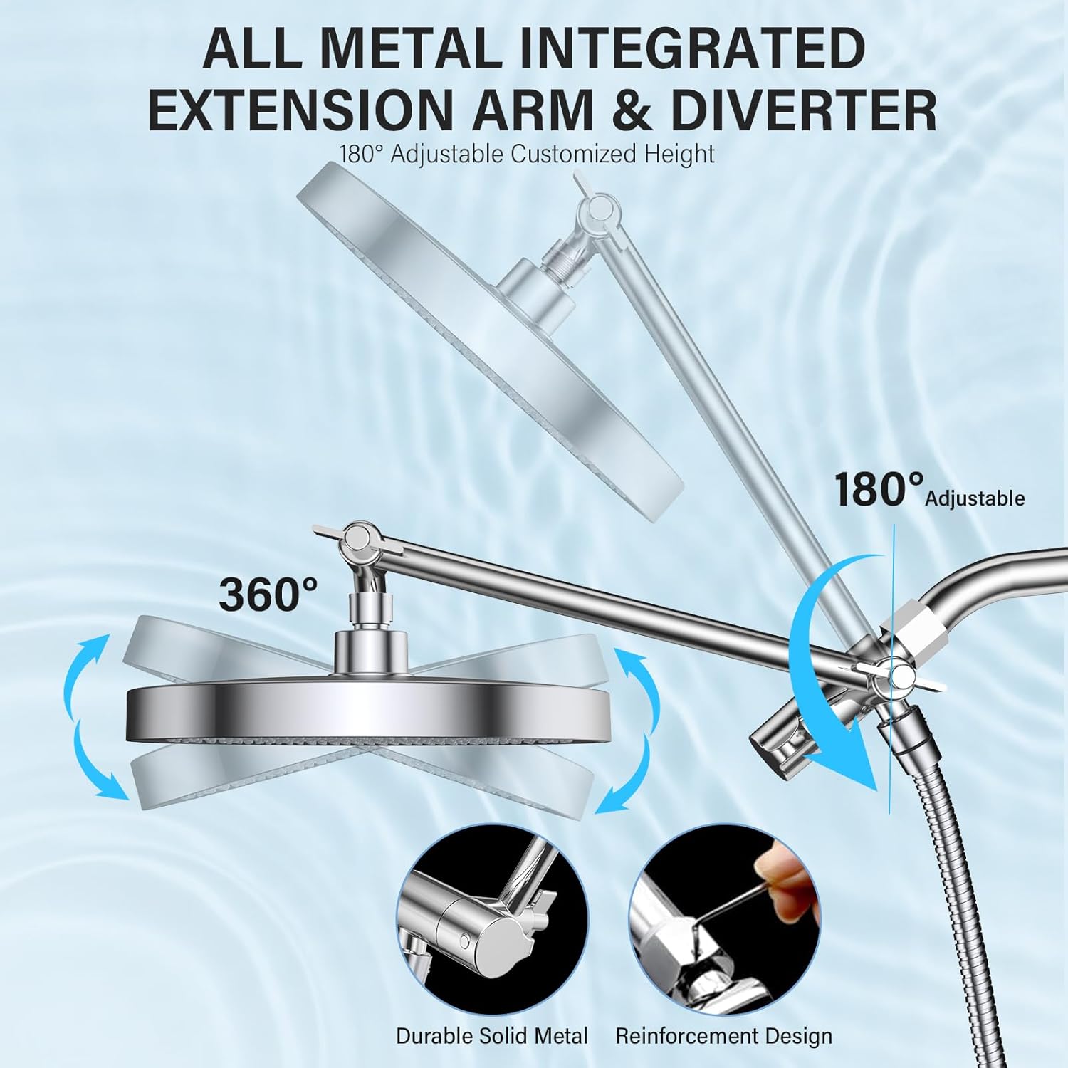 FASDUNT High Pressure Rain Shower Head with Handheld Spray Combo, 10" Rainfall Shower Head with Adjustable Integrated Extension Arm, Detachable Dual Shower Heads with 80" Long Stainless Steel Hose