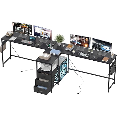 YOSHOOT 2 Person Computer Desk - 87" Long Gaming Desk with 3 Fabric Drawers and 2 Power Outlets, Home Office Doubule Desk for Adults and Teenagers, Black
