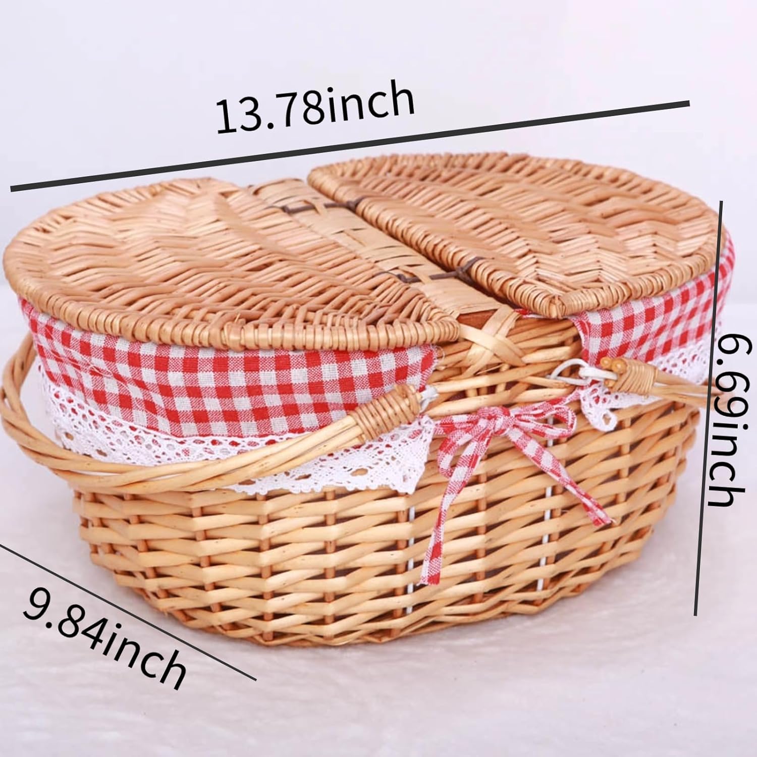Wicker Picnic Baskets, Country Vintage Picnic Basket with Picnic Cloth Split Lid Picnic Basket, with Folding Handle Picnic Hamper for Picnic Hiking Camping(13.78" D x 9.84" W x 6.69" H) - Image 2
