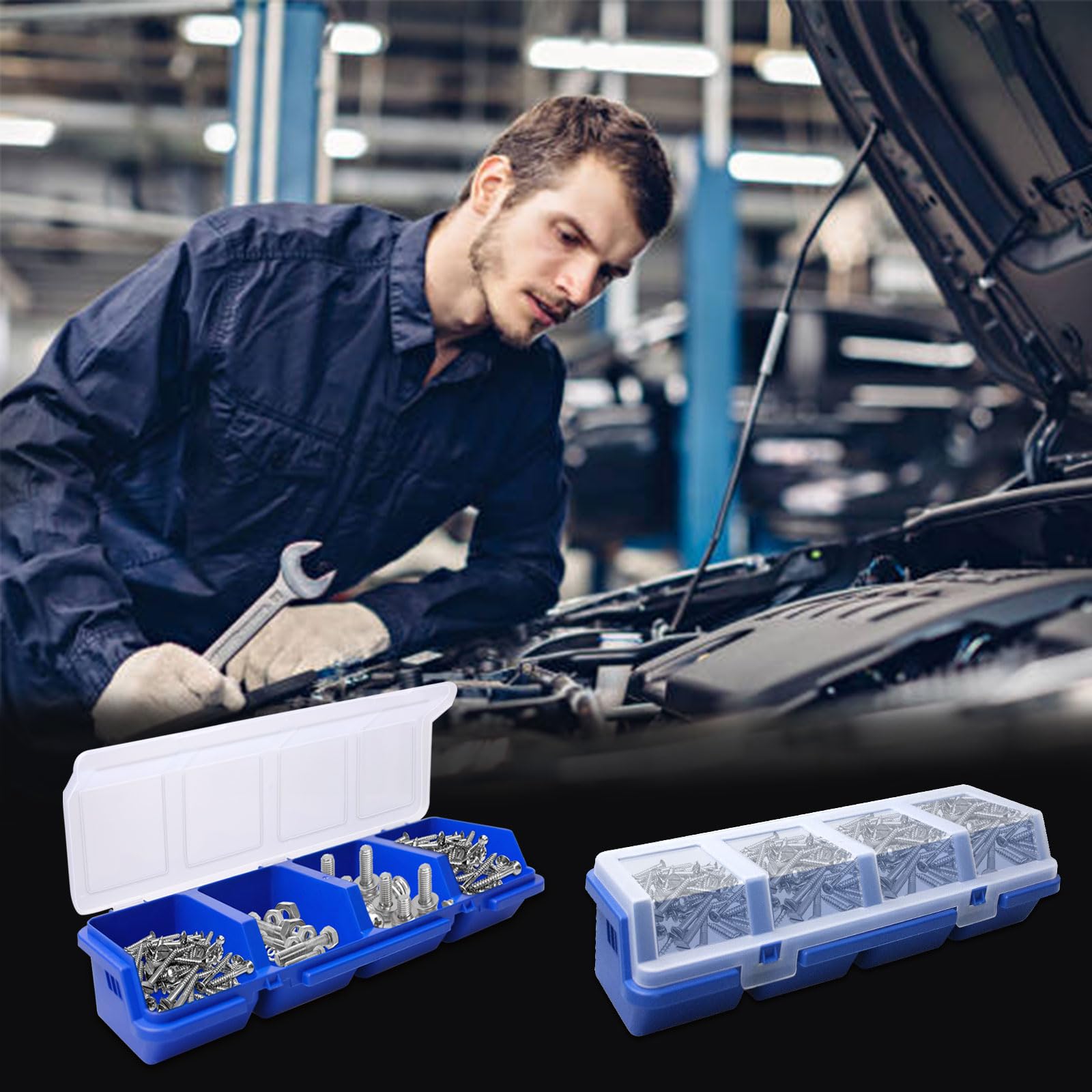 Confezione da 12 scatole organizer a vite con coperchio, 4 scomparti divisori, contenitori per attrezzi, scatola organizer blu per viti di ordinamento per garage, piccole parti di attrezzi, forniture