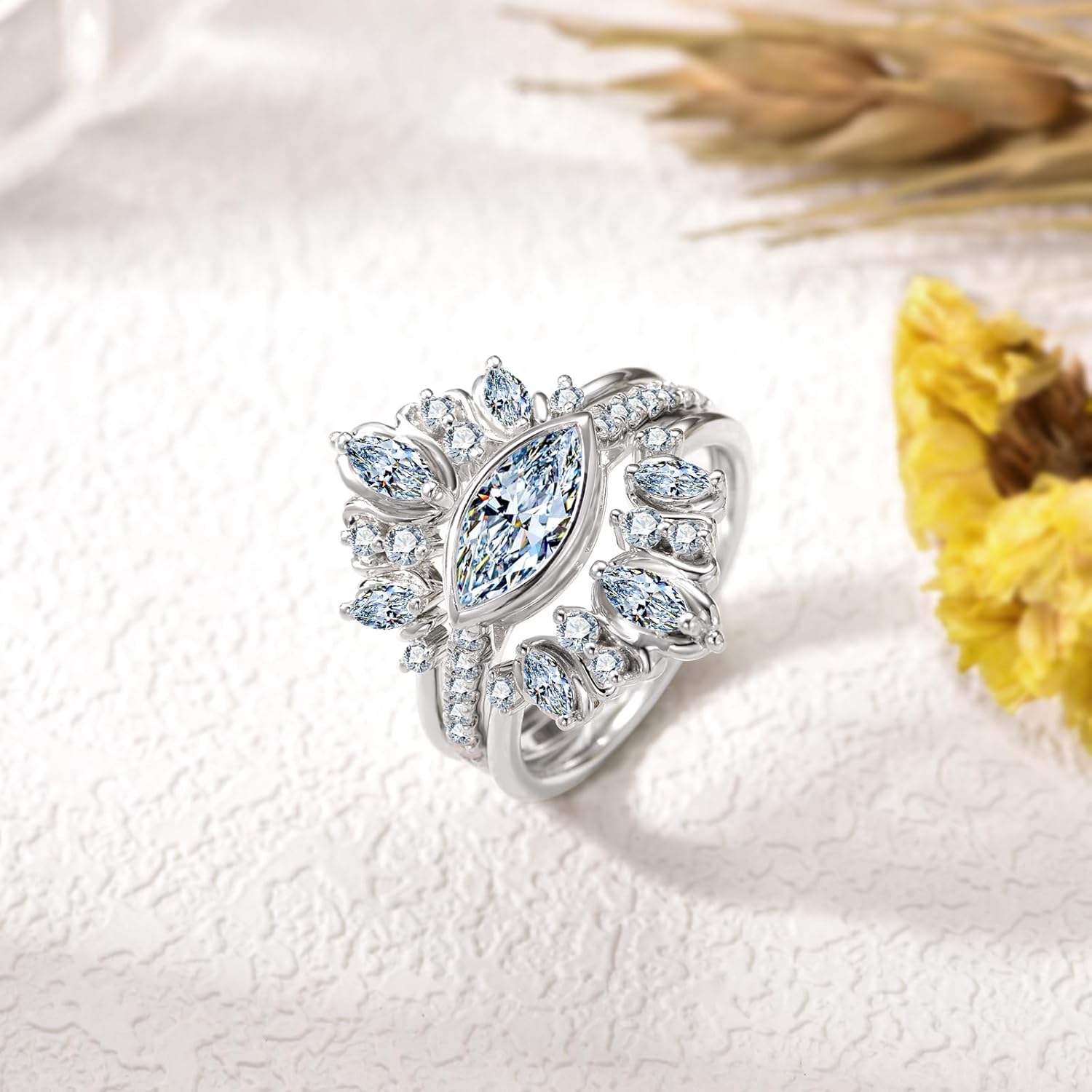 2.5 Carats Marquise-Cut Moissanite Wedding Ring Set Bridal Sets for Women GRA Certified,18K White Gold Platinum Plated Silver 3-Piece Engagement Ring Set Jewelry Gift for Anniversary Wedding