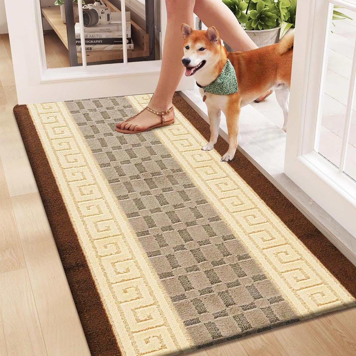 Rugs Inn Gel Back Runner Mat – Heavy Duty Non Slip Backing Geometric Pattern Dirt Trapper Washable Runner for Kitchen Bedroom Living Room Hallway (Brown Beige, 60 x 110 cm)