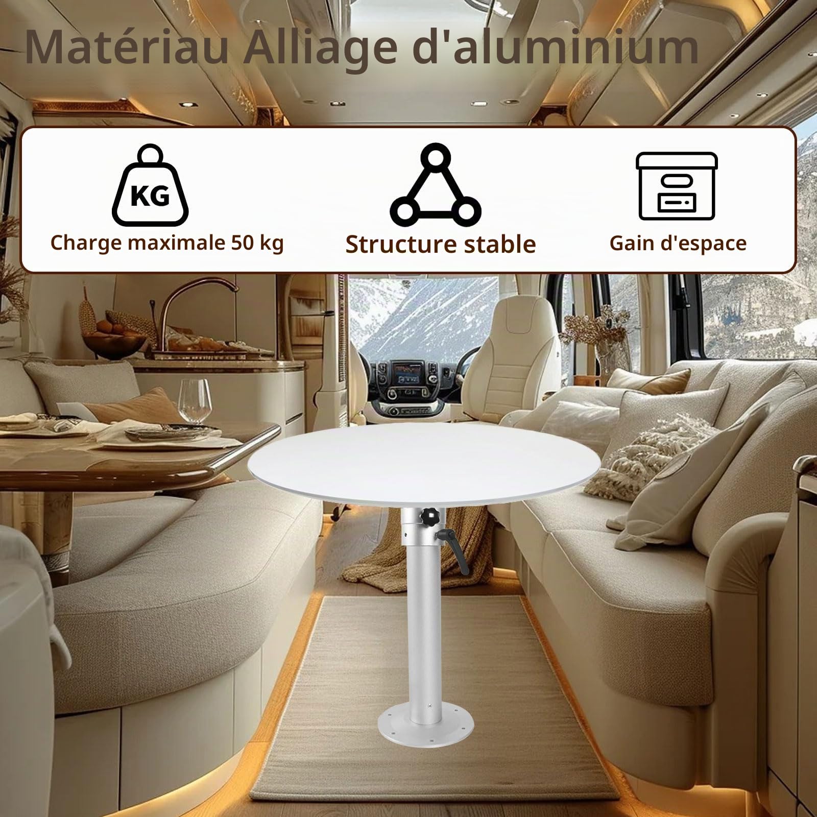 Socle de table réglable avec poignée économe en main-d'œuvre, réglable de 455 à 740 mm, kit de base de table en alliage d'aluminium rotatif à 360 degrés pour camping-car, caravane, bateau, yacht