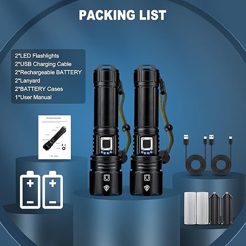 Miniatura 8 de Linternas recargables de alto lúmenes, 99000 lúmenes, linterna súper brillante, paquete de 2, luz LED de alta potencia con 5 modos, linterna de mano