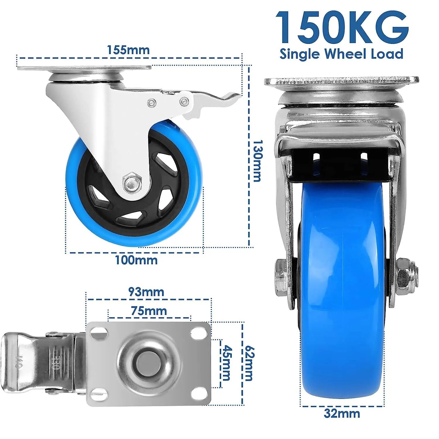 Premium Transportrollen 100mm mit Bremse | Möbel-Transporthilfe Gummi | Möbelrollen 8 Stück