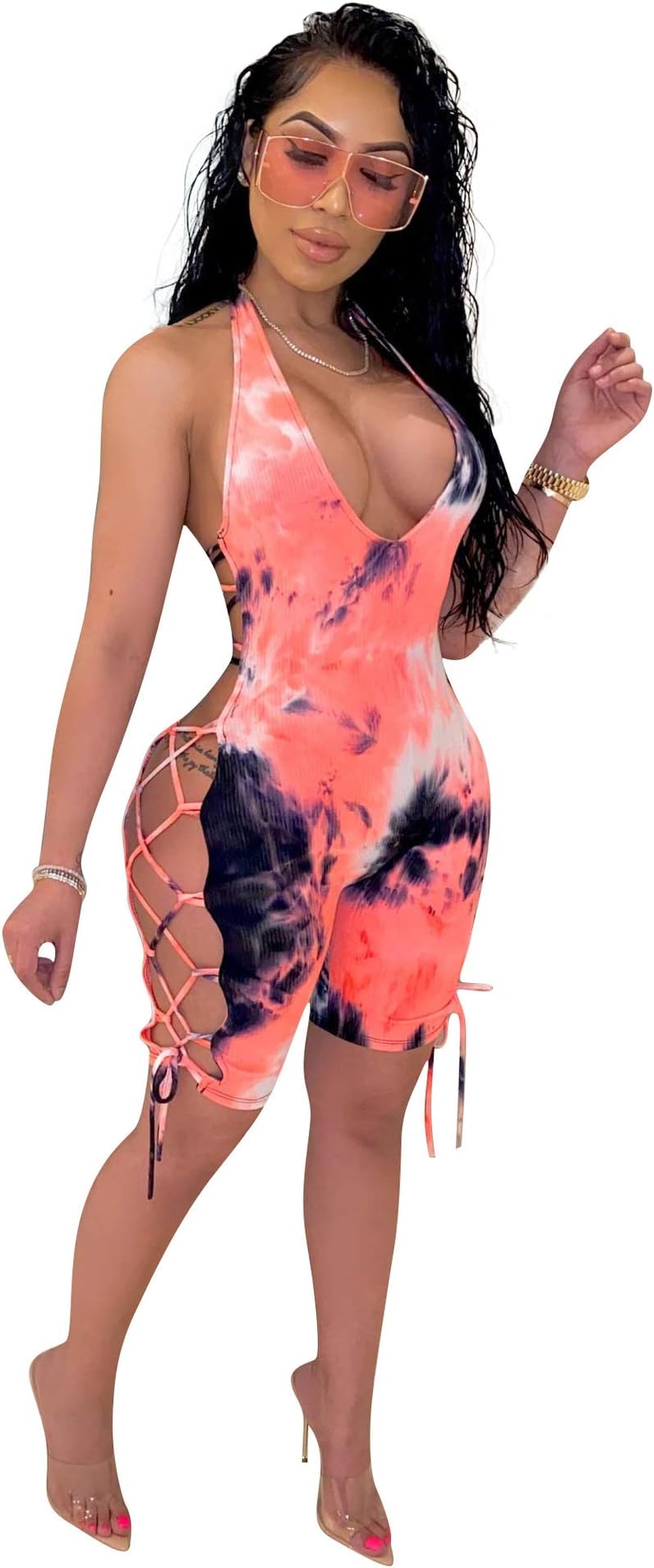 FastkoalaWomen's 2 Pieces Outfits Clubwear Colorful Tie Dye Hooded Crop Top Shorts Joggers Tracksuit Sportswear Set