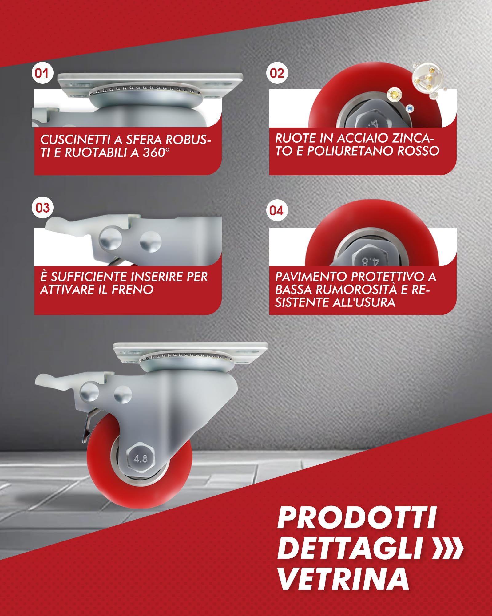 4 Ruote industriali da 50 mm, rotelle a carico pesante, 1000 kg, silenziose, in PU, con piastra, rotelle orientabili con freno, montanti in acciaio per trasporto di materiali, tram, banco da lavoro (2